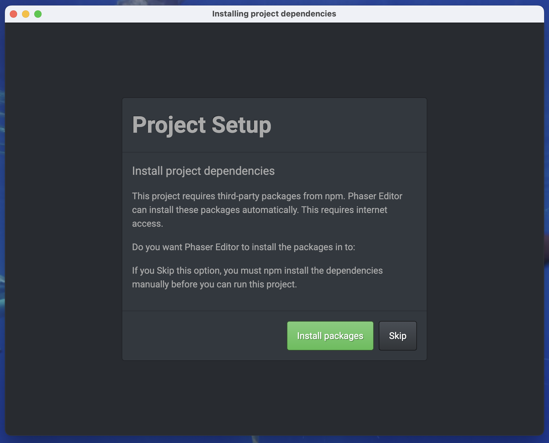 Installation confirmation dialog